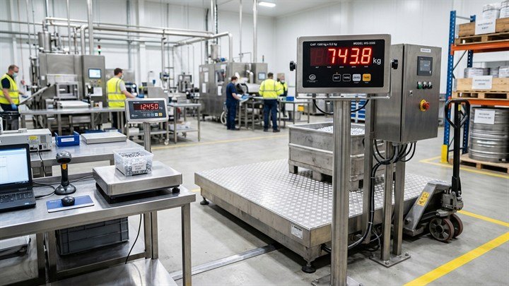 Industrial factory floor batch weighing and ingredient mixing line